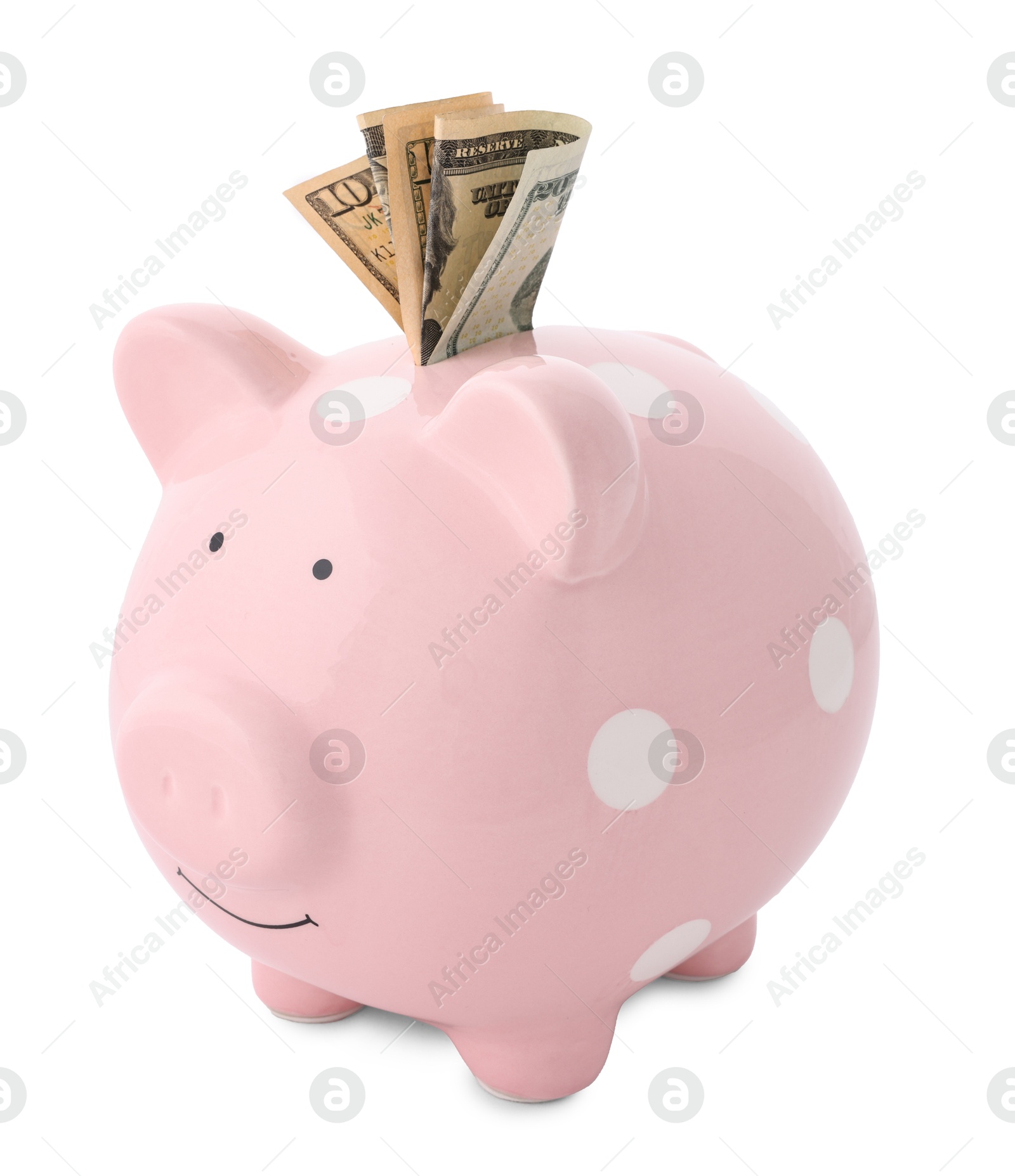 Photo of Pink piggy bank with money on white background