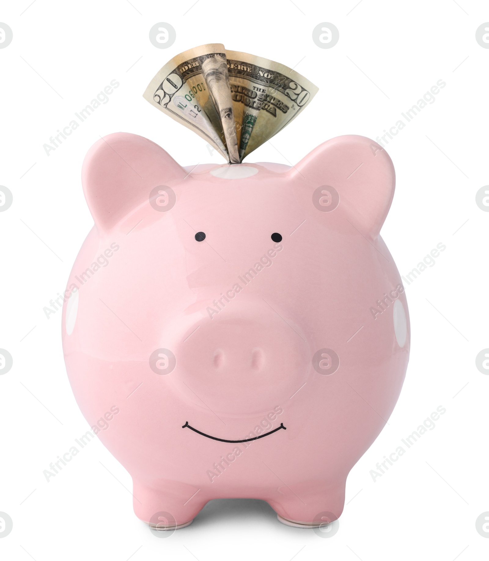 Photo of Pink piggy bank with money on white background