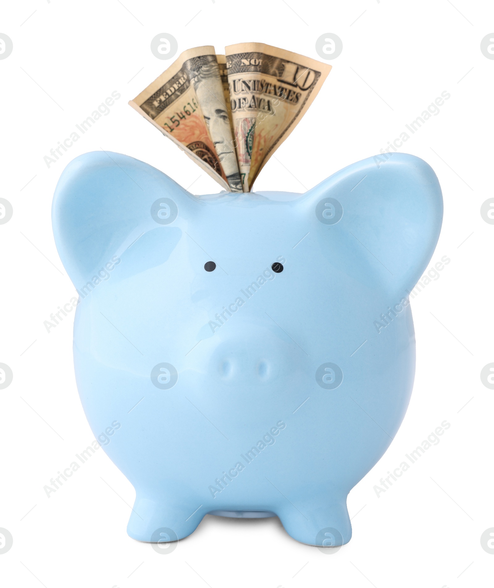 Photo of Light blue piggy bank with money on white background