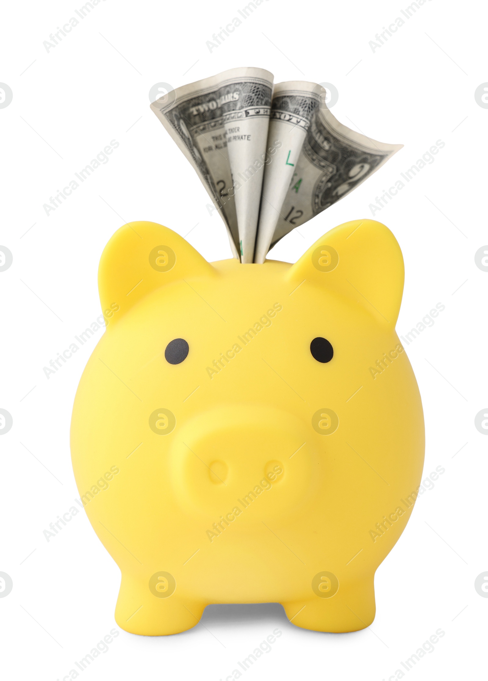 Photo of Yellow piggy bank with money on white background