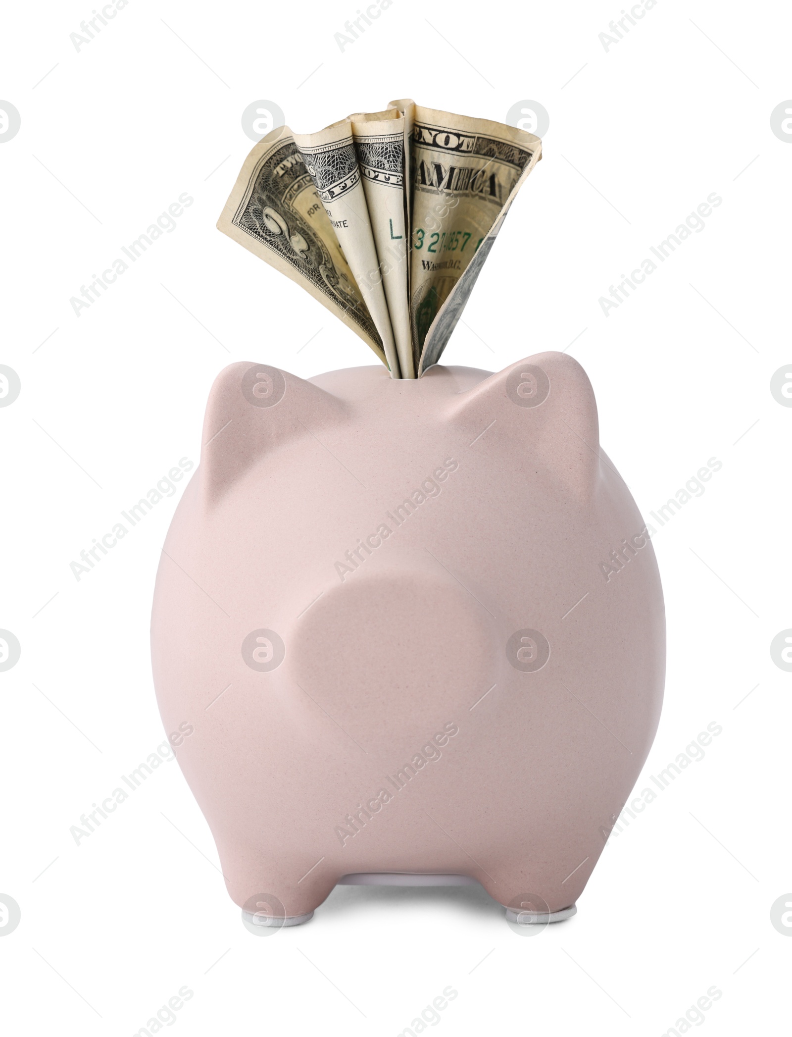 Photo of Piggy bank with money on white background