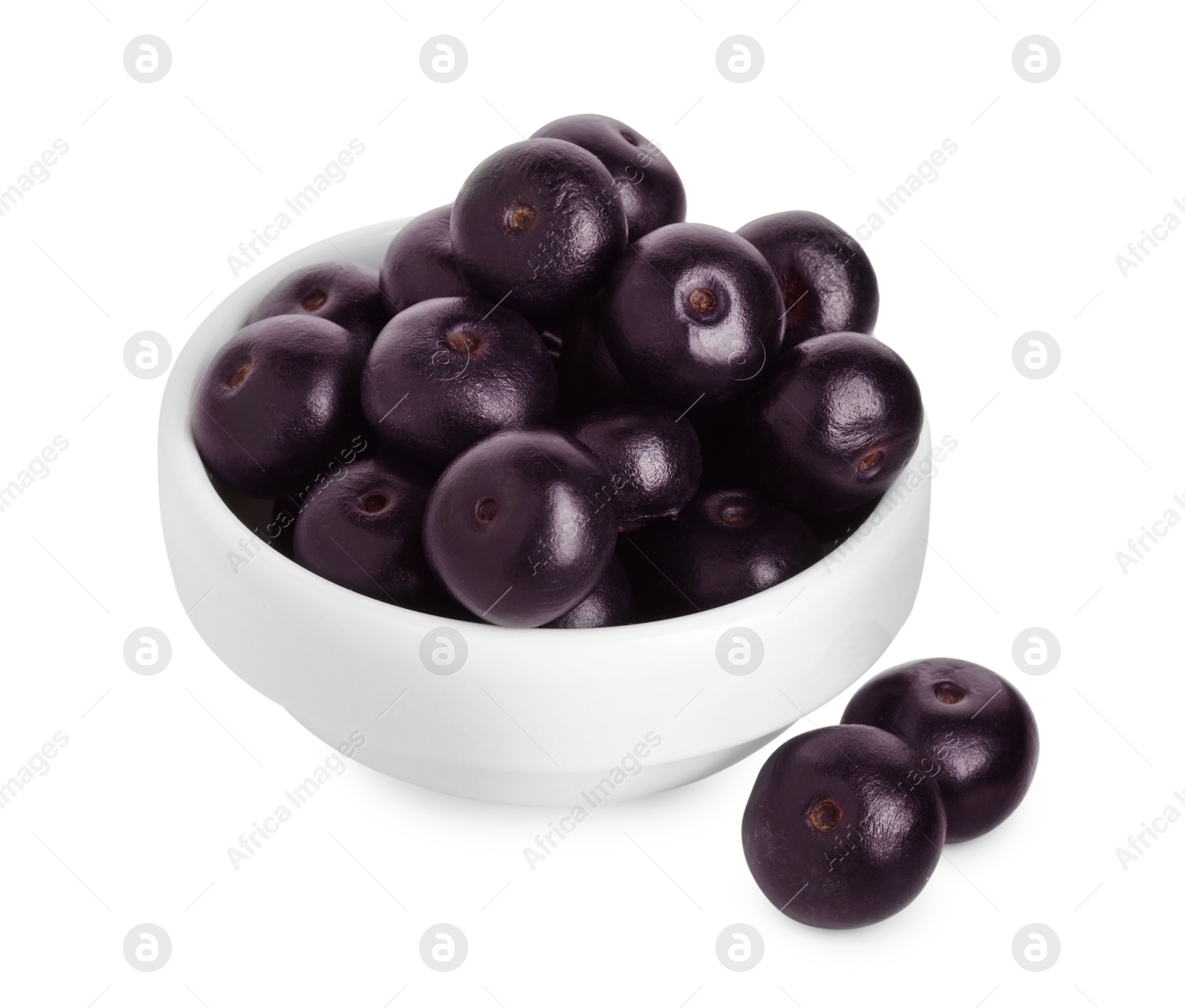 Photo of Fresh ripe acai berries in bowl isolated on white