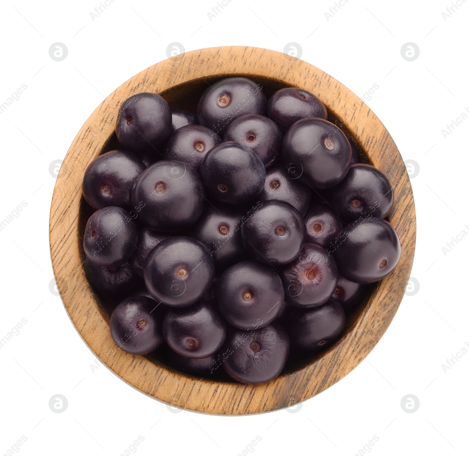 Photo of Fresh ripe acai berries in bowl isolated on white, top view