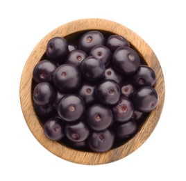 Photo of Fresh ripe acai berries in bowl isolated on white, top view