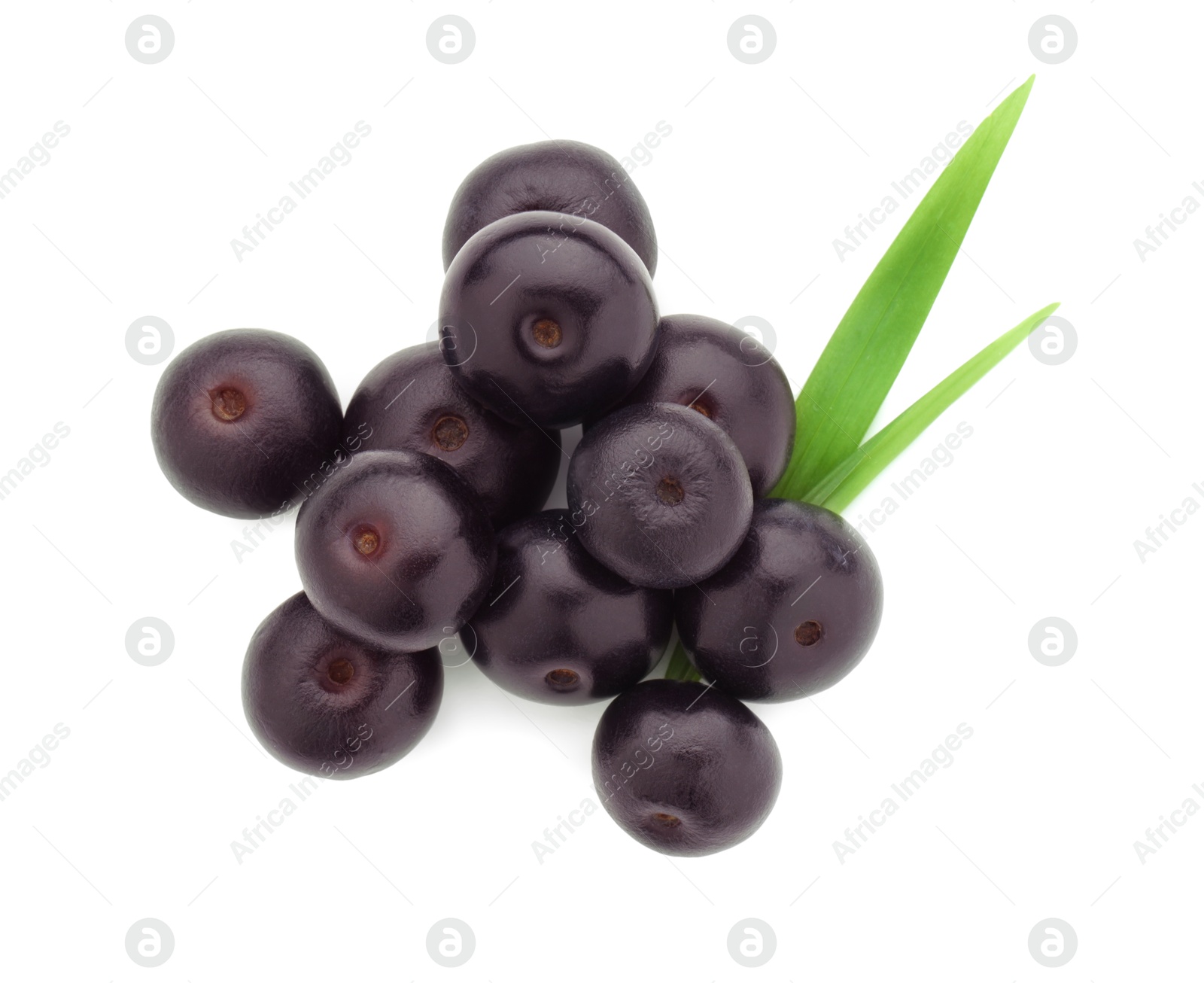 Photo of Fresh ripe acai berries and green leaves isolated on white, top view