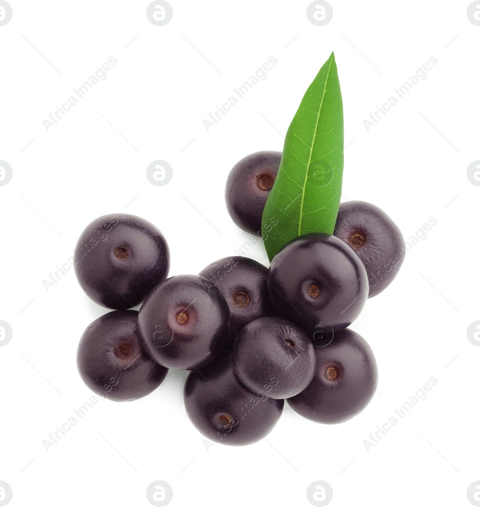 Photo of Fresh ripe acai berries and green leaves isolated on white, top view