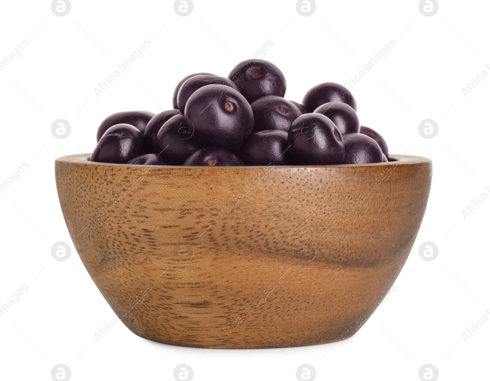 Photo of Fresh ripe acai berries in bowl isolated on white