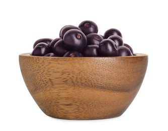 Photo of Fresh ripe acai berries in bowl isolated on white