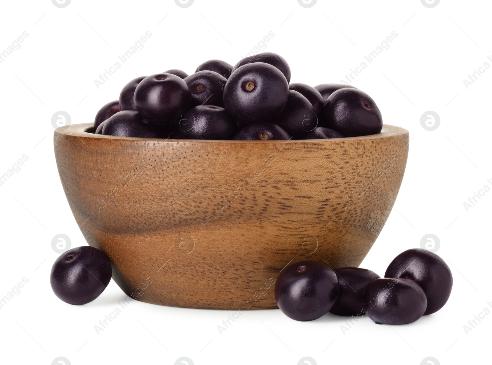 Photo of Fresh ripe acai berries in bowl isolated on white