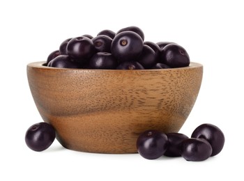 Photo of Fresh ripe acai berries in bowl isolated on white