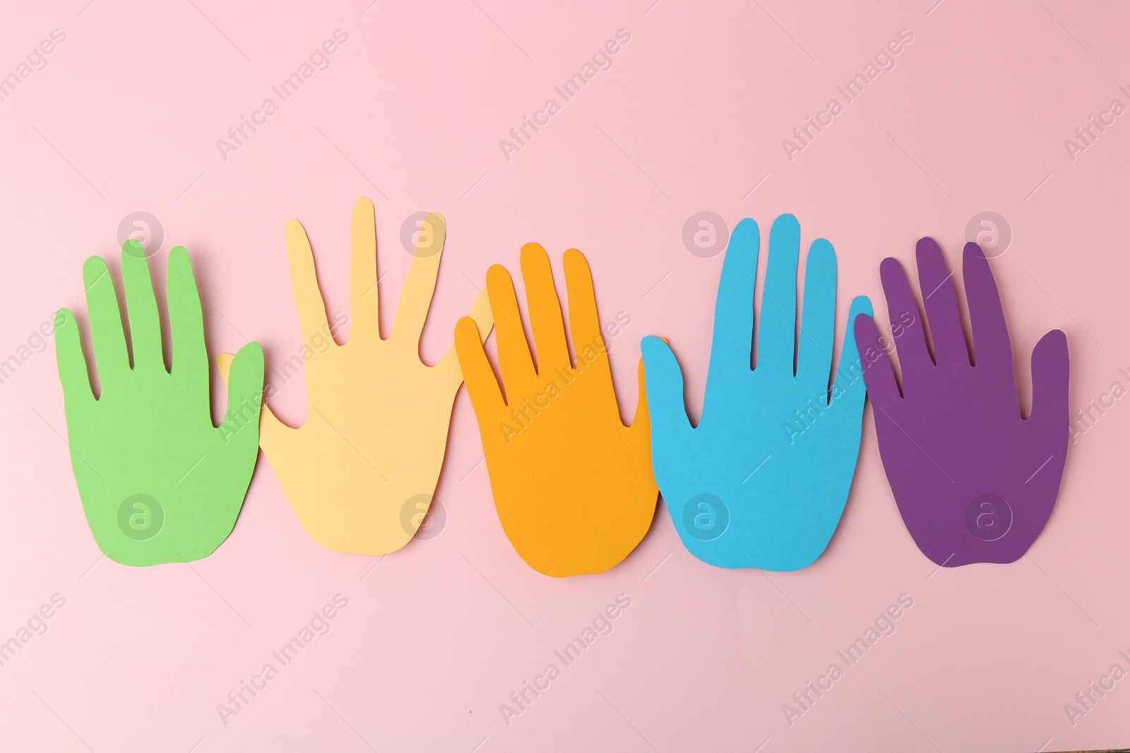Photo of Equality concept. Paper palms of different colors on pink background, flat lay
