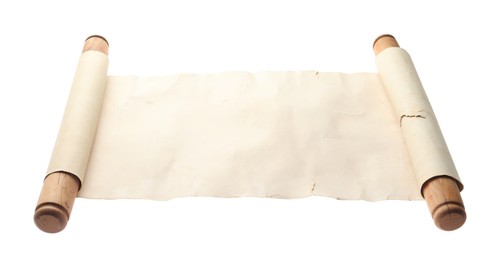 Scroll of old parchment paper with wooden handles isolated on white