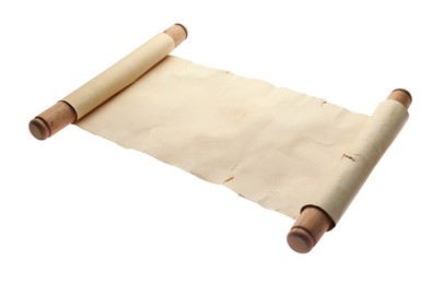 Photo of Scroll of old parchment paper with wooden handles isolated on white