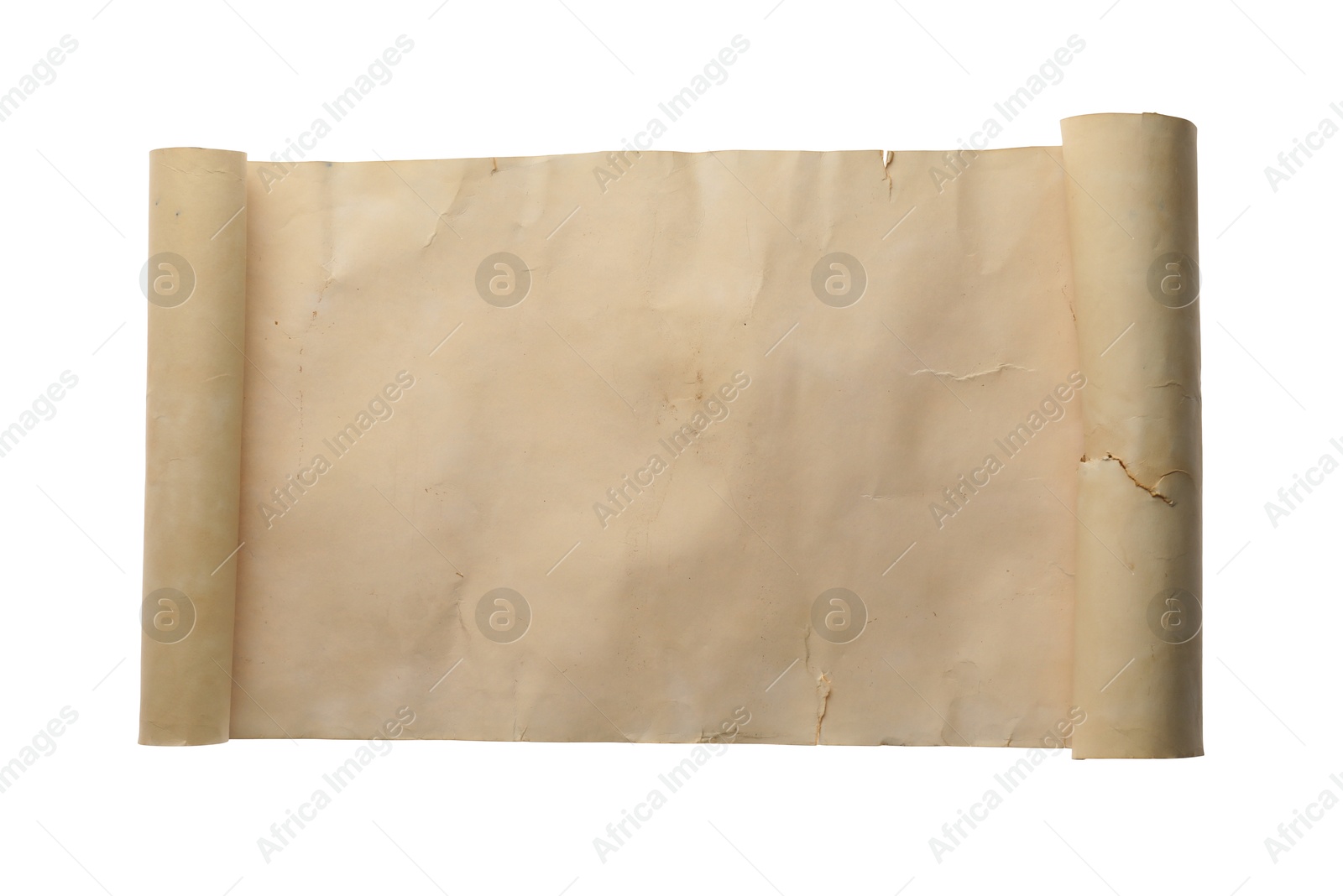 Photo of Scroll of old parchment paper isolated on white