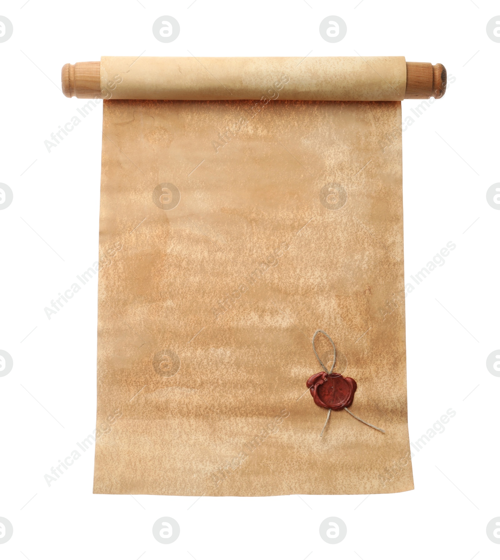 Photo of Scroll of old parchment paper with wax stamp isolated on white