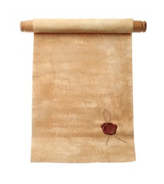 Photo of Scroll of old parchment paper with wax stamp isolated on white