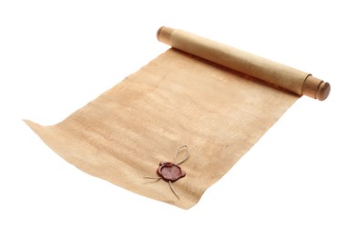 Photo of Scroll of old parchment paper with wax stamp isolated on white