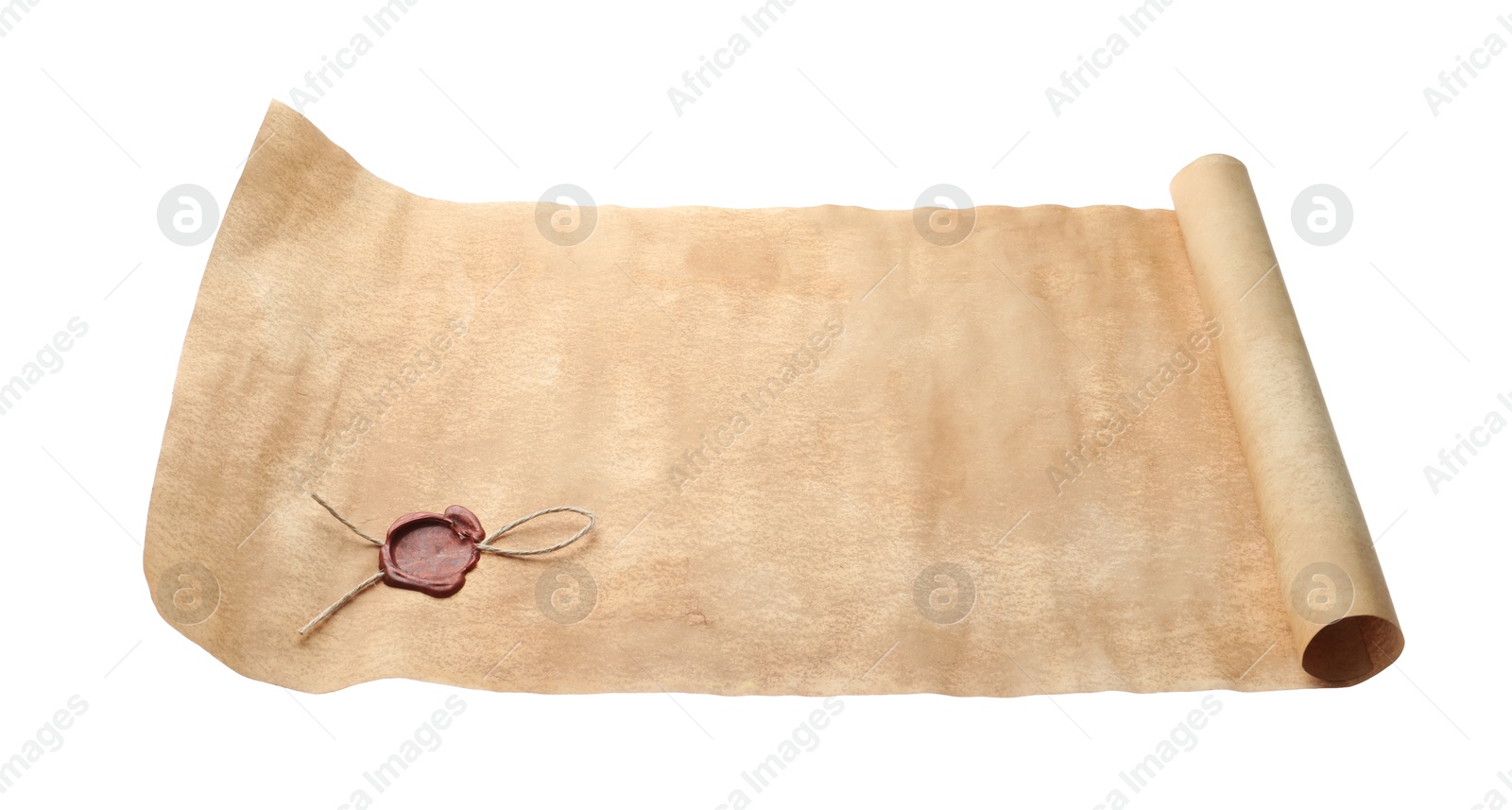 Photo of Scroll of old parchment paper with wax stamp isolated on white