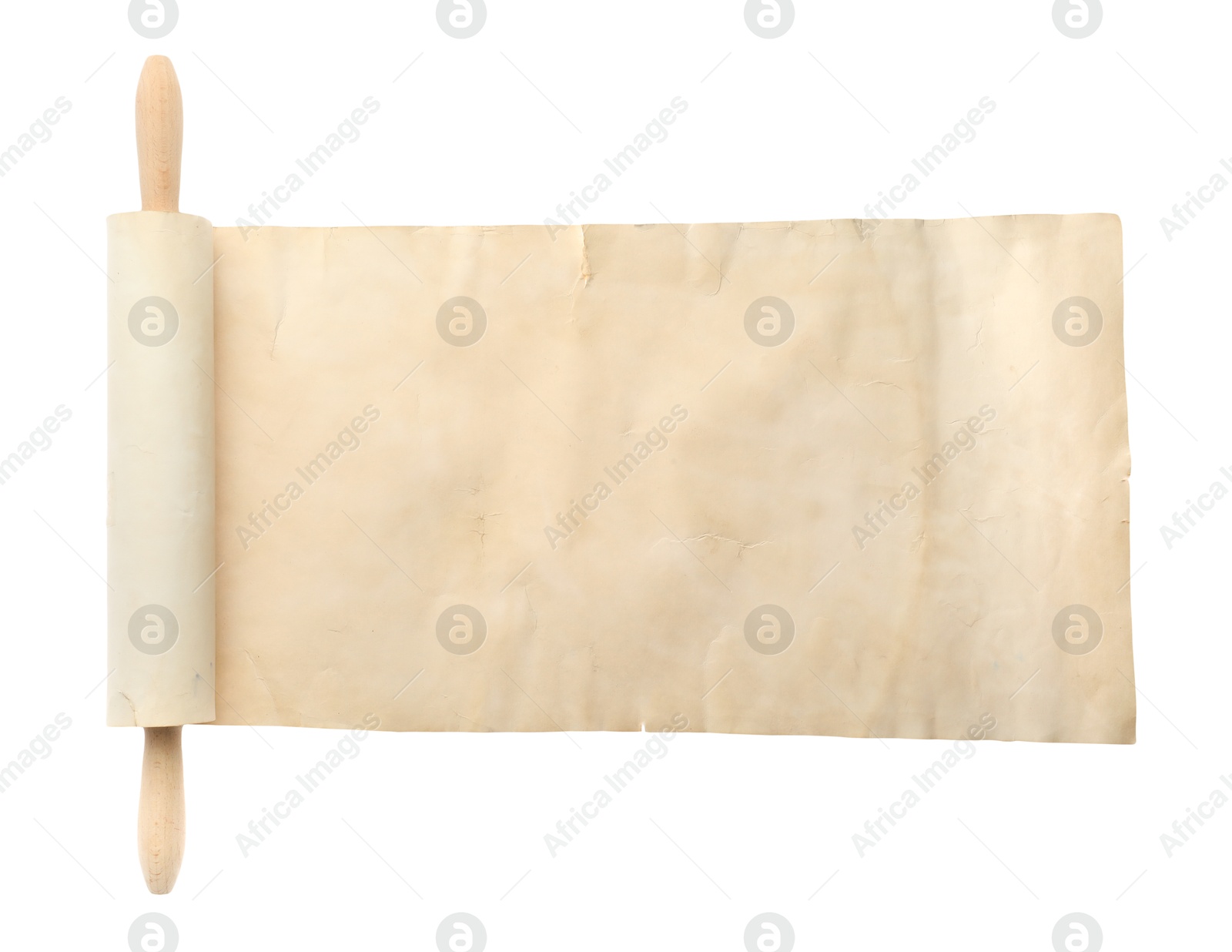 Photo of Scroll of old parchment paper with wooden handle isolated on white