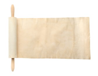 Scroll of old parchment paper with wooden handle isolated on white