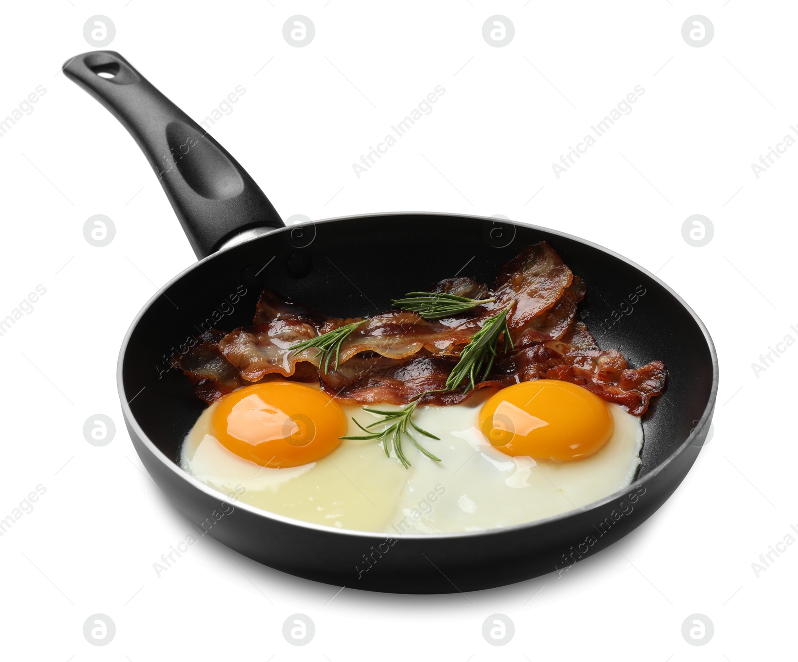 Photo of Tasty bacon, eggs and rosemary in frying pan isolated on white