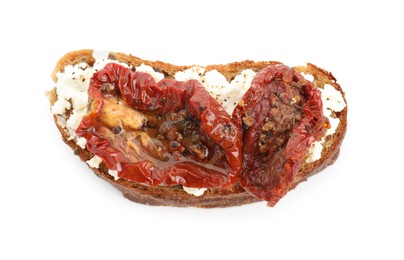Photo of Delicious ricotta bruschetta with sun dried tomatoes isolated on white, top view