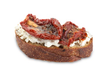 Photo of Delicious ricotta bruschetta with sun dried tomatoes isolated on white