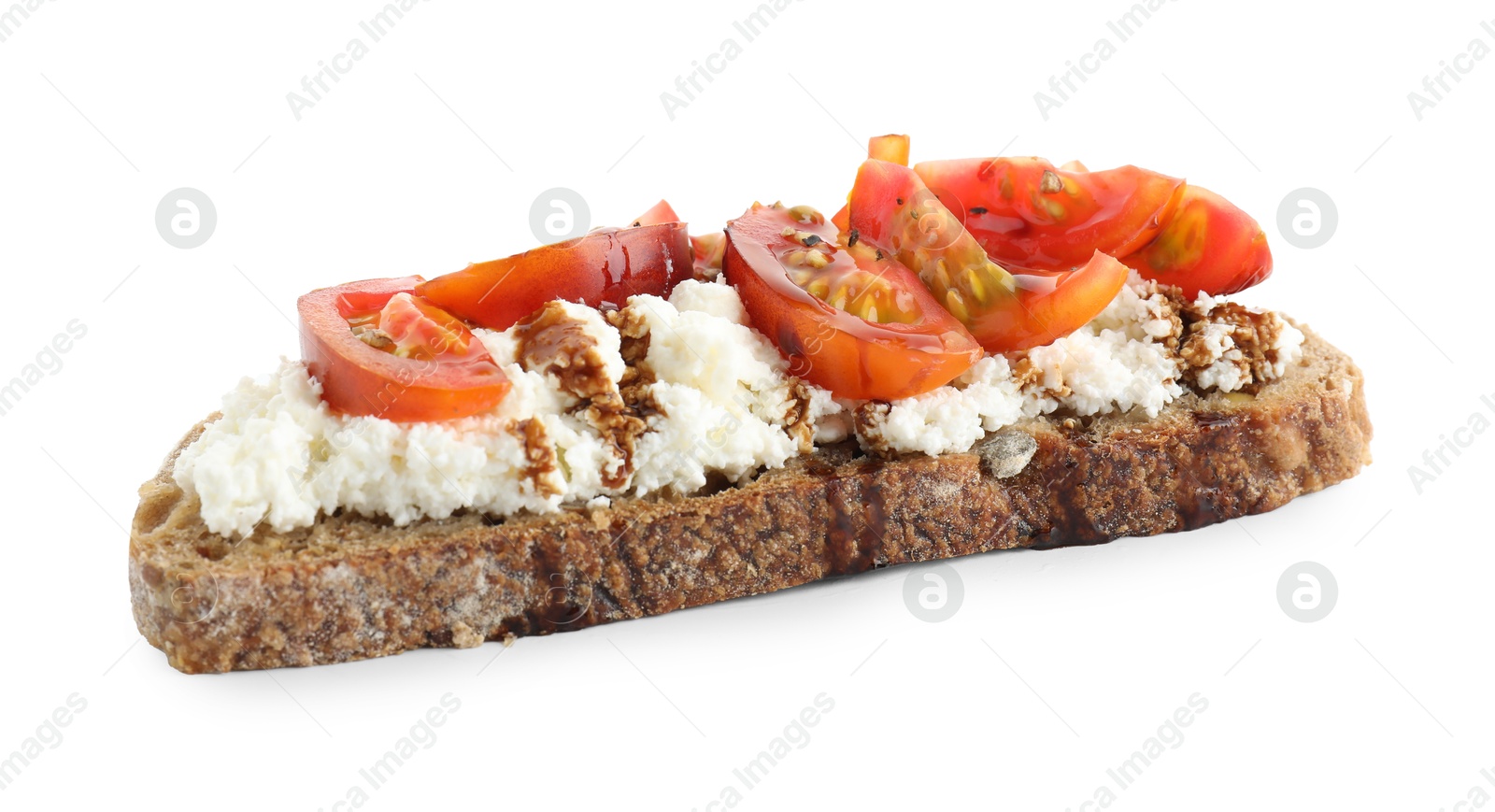 Photo of Delicious ricotta bruschetta with tomatoes and sauce isolated on white