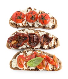 Photo of Delicious ricotta bruschettas with tomatoes, basil and sauce isolated on white, top view