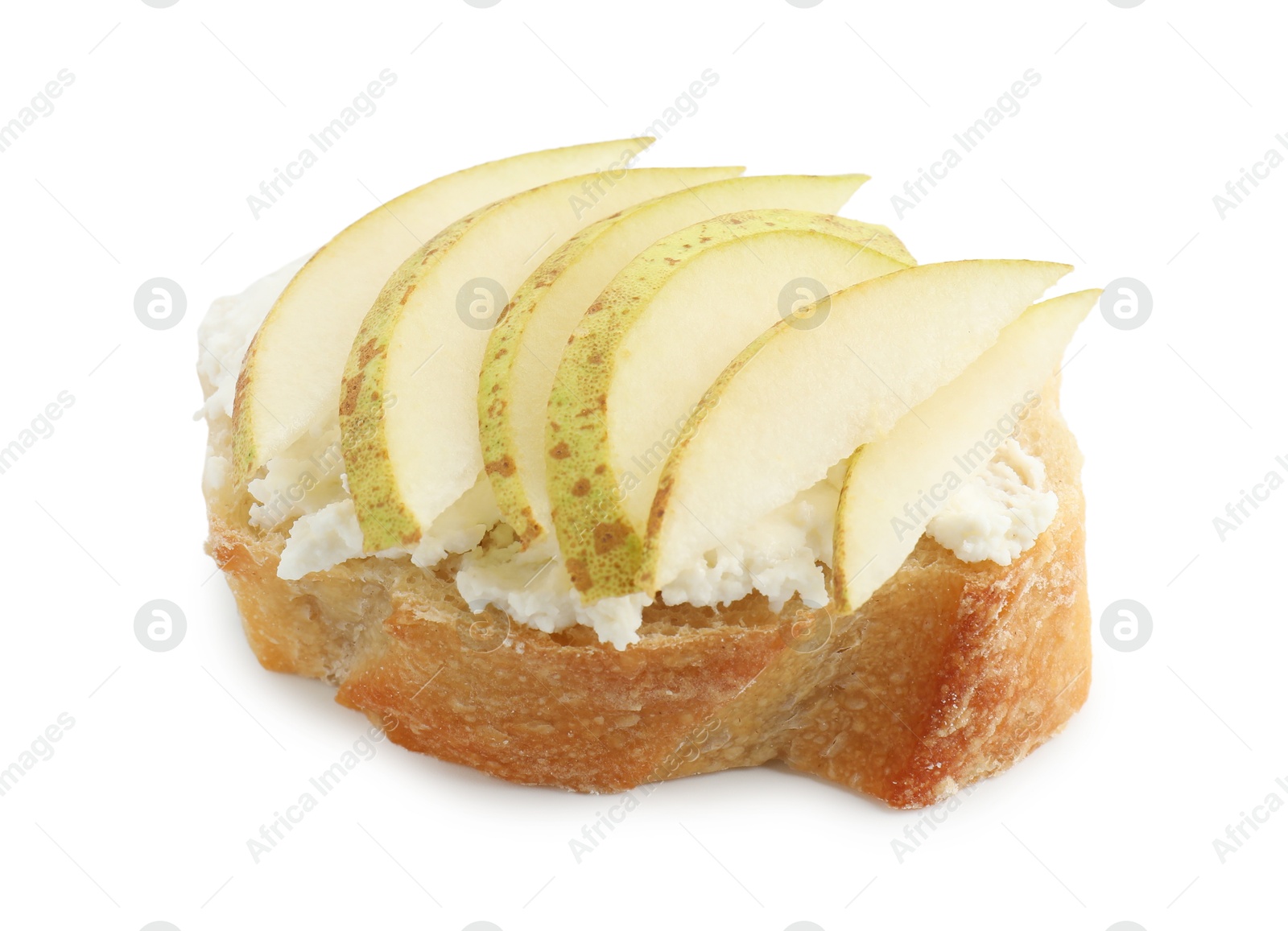 Photo of Delicious bruschetta with ricotta cheese and pear isolated on white