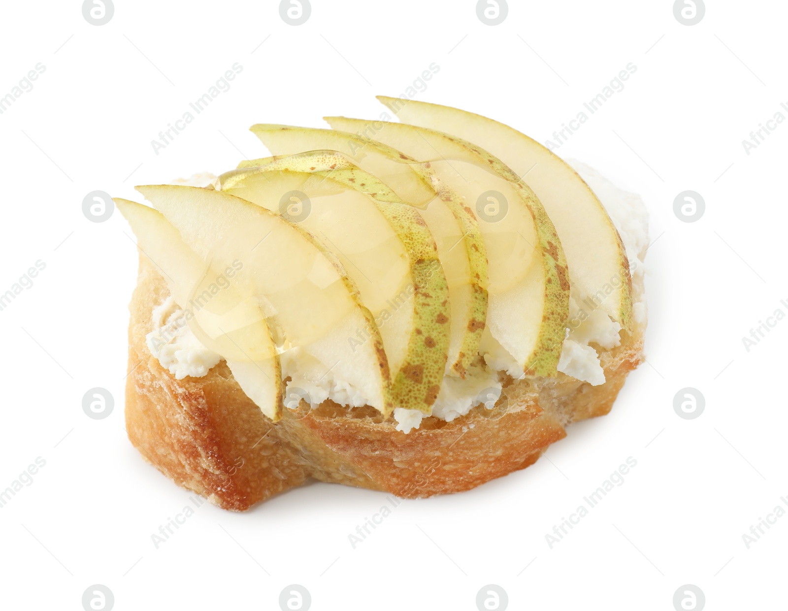 Photo of Delicious bruschetta with ricotta cheese and pear isolated on white, above view