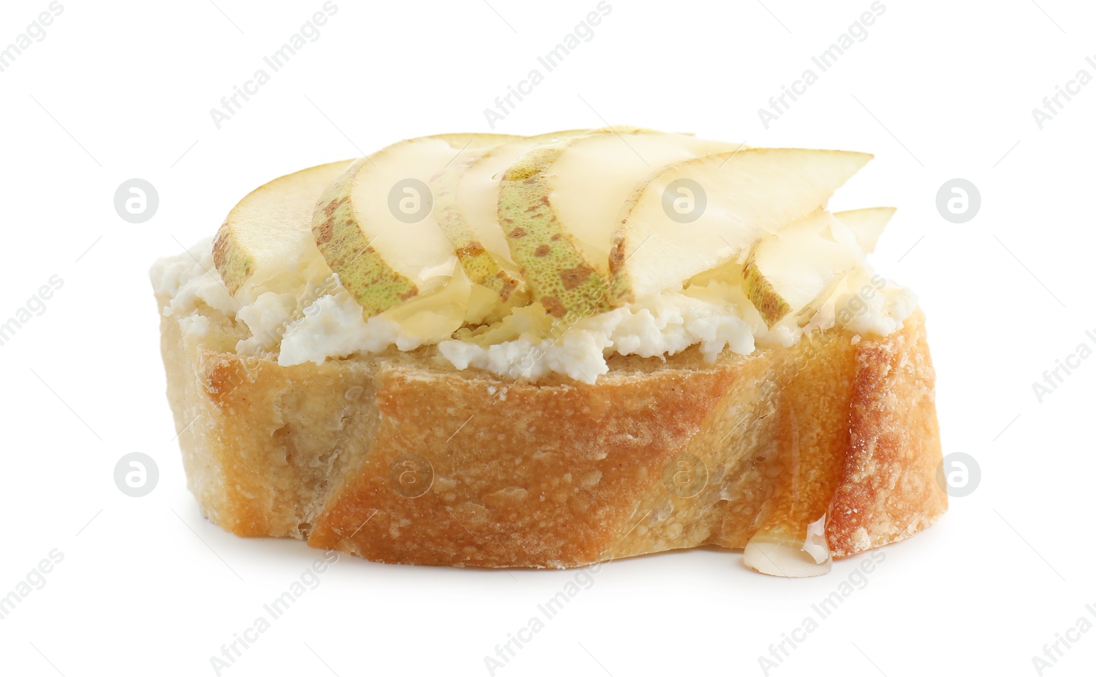 Photo of Delicious bruschetta with ricotta cheese and pear isolated on white