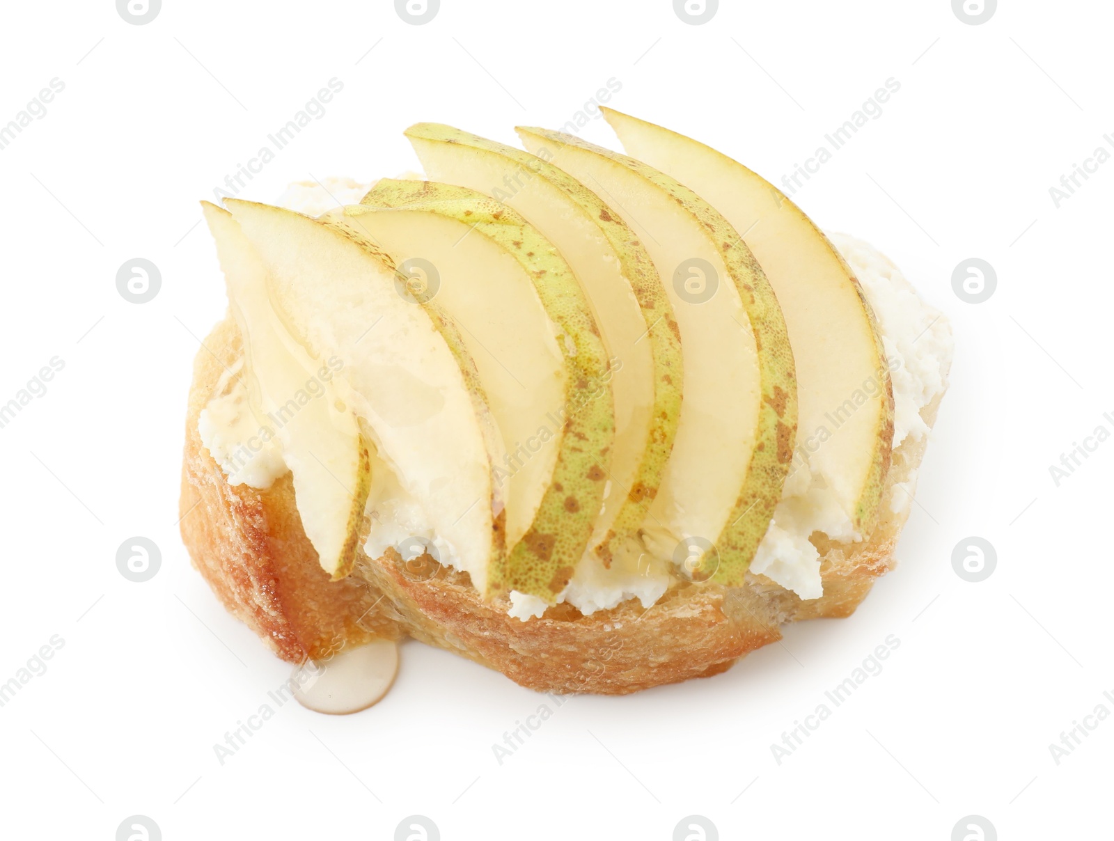 Photo of Delicious bruschetta with ricotta cheese and pear isolated on white, above view