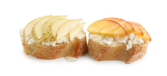 Photo of Delicious ricotta bruschettas with pears and apricots isolated on white