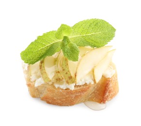 Photo of Delicious ricotta bruschetta with pear and mint isolated on white, above view