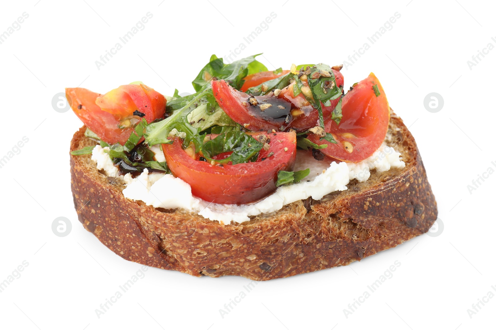 Photo of Delicious bruschetta with ricotta cheese, tomatoes and arugula isolated on white