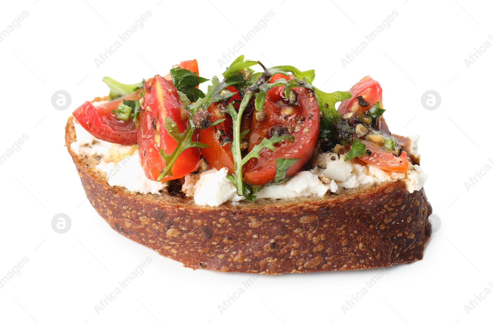 Photo of Delicious bruschetta with ricotta cheese, tomatoes and arugula isolated on white