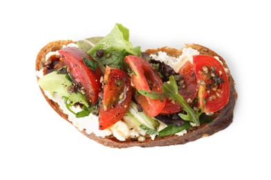 Photo of Delicious bruschetta with ricotta cheese, tomatoes and arugula isolated on white, top view