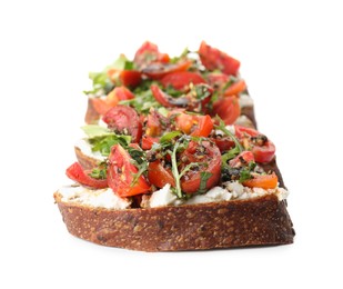 Photo of Delicious bruschetta with ricotta cheese, tomatoes and arugula isolated on white