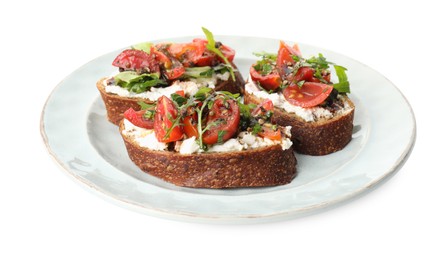 Photo of Delicious bruschettas with ricotta cheese, tomatoes and arugula isolated on white