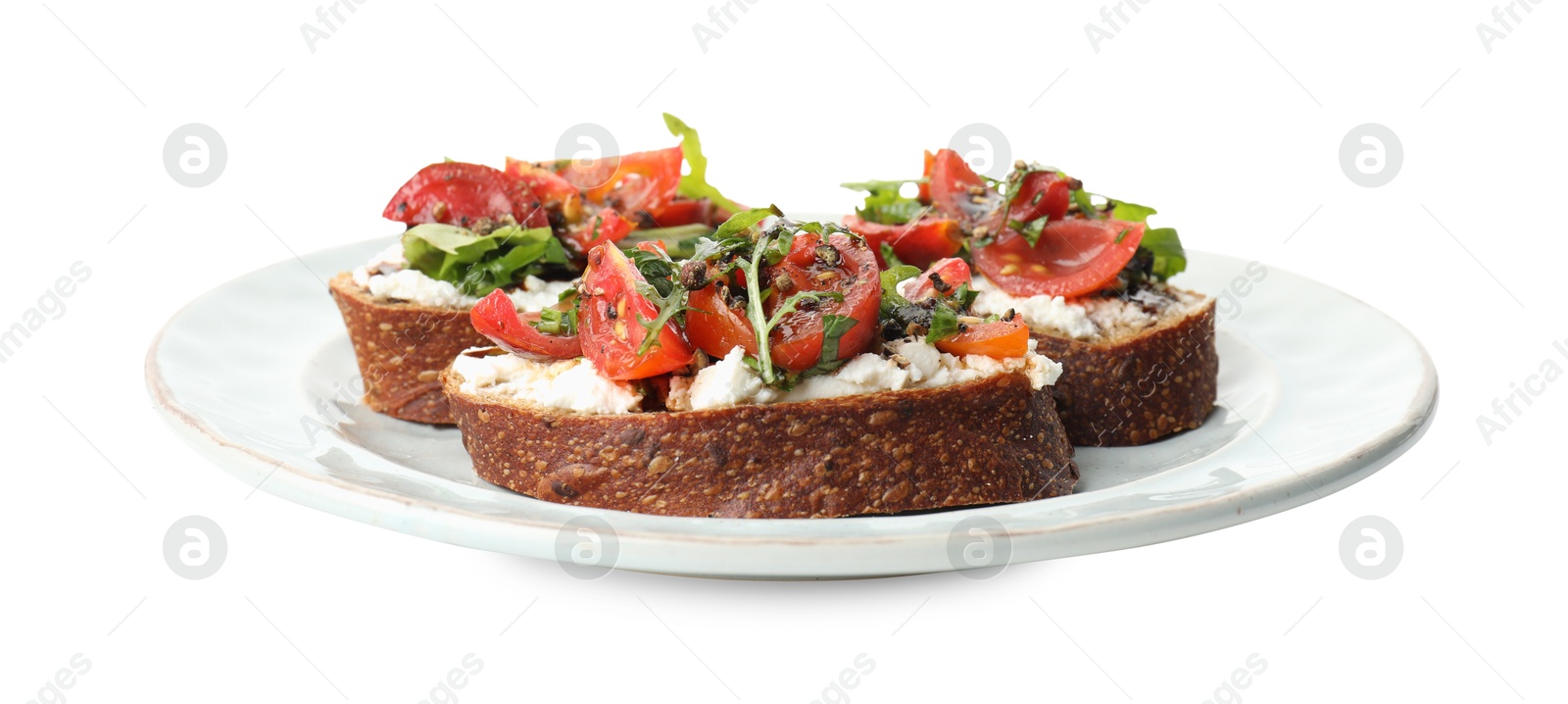 Photo of Delicious bruschettas with ricotta cheese, tomatoes and arugula isolated on white