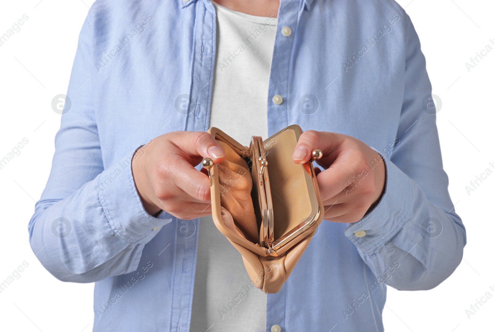 Photo of Woman with empty wallet on white background, closeup