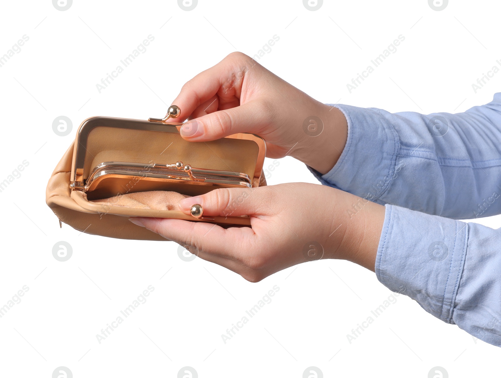 Photo of Woman with empty wallet on white background, closeup