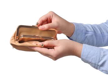 Photo of Woman with empty wallet on white background, closeup