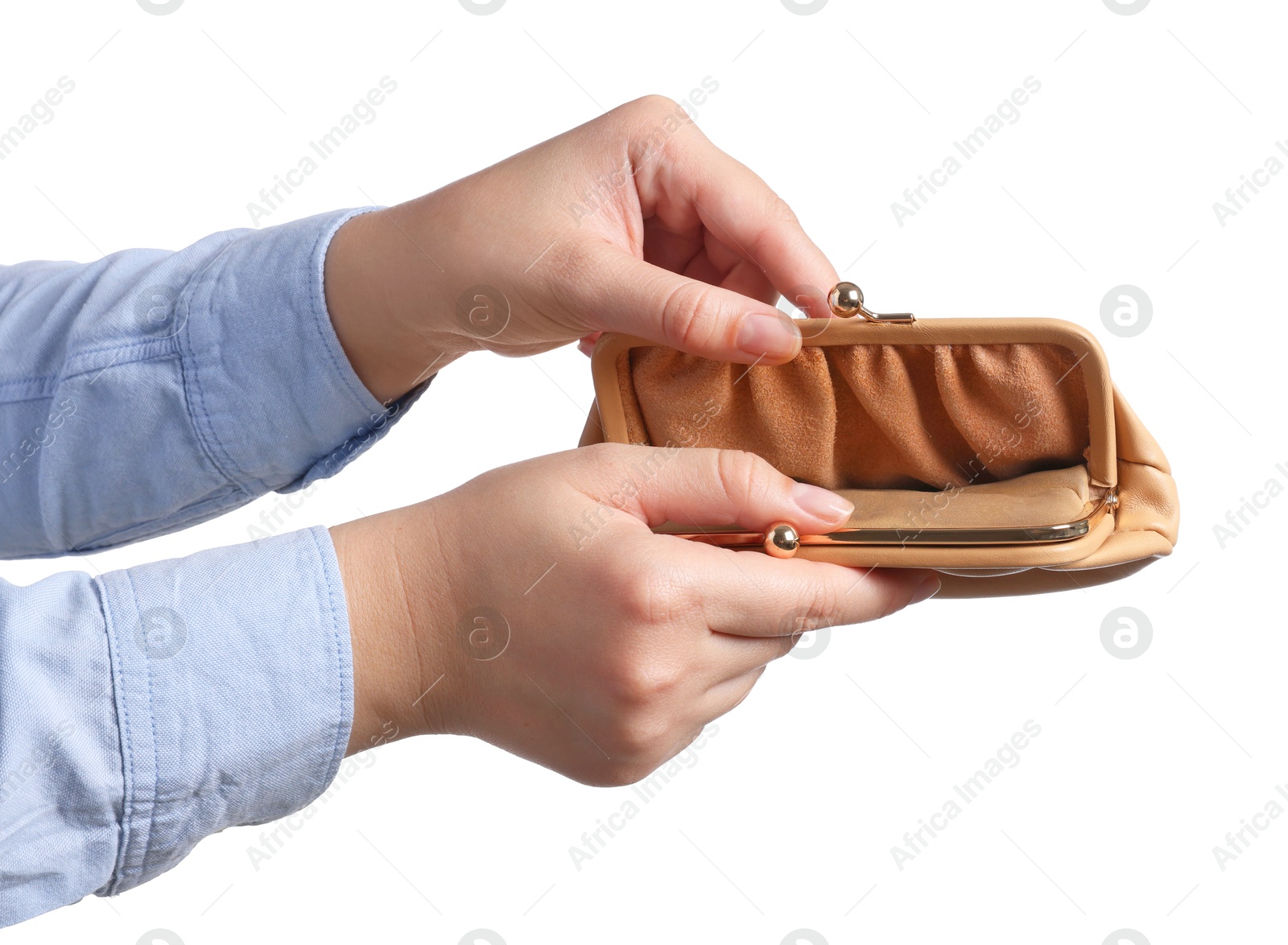 Photo of Woman with empty wallet on white background, closeup