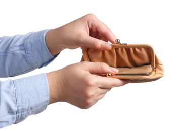 Photo of Woman with empty wallet on white background, closeup