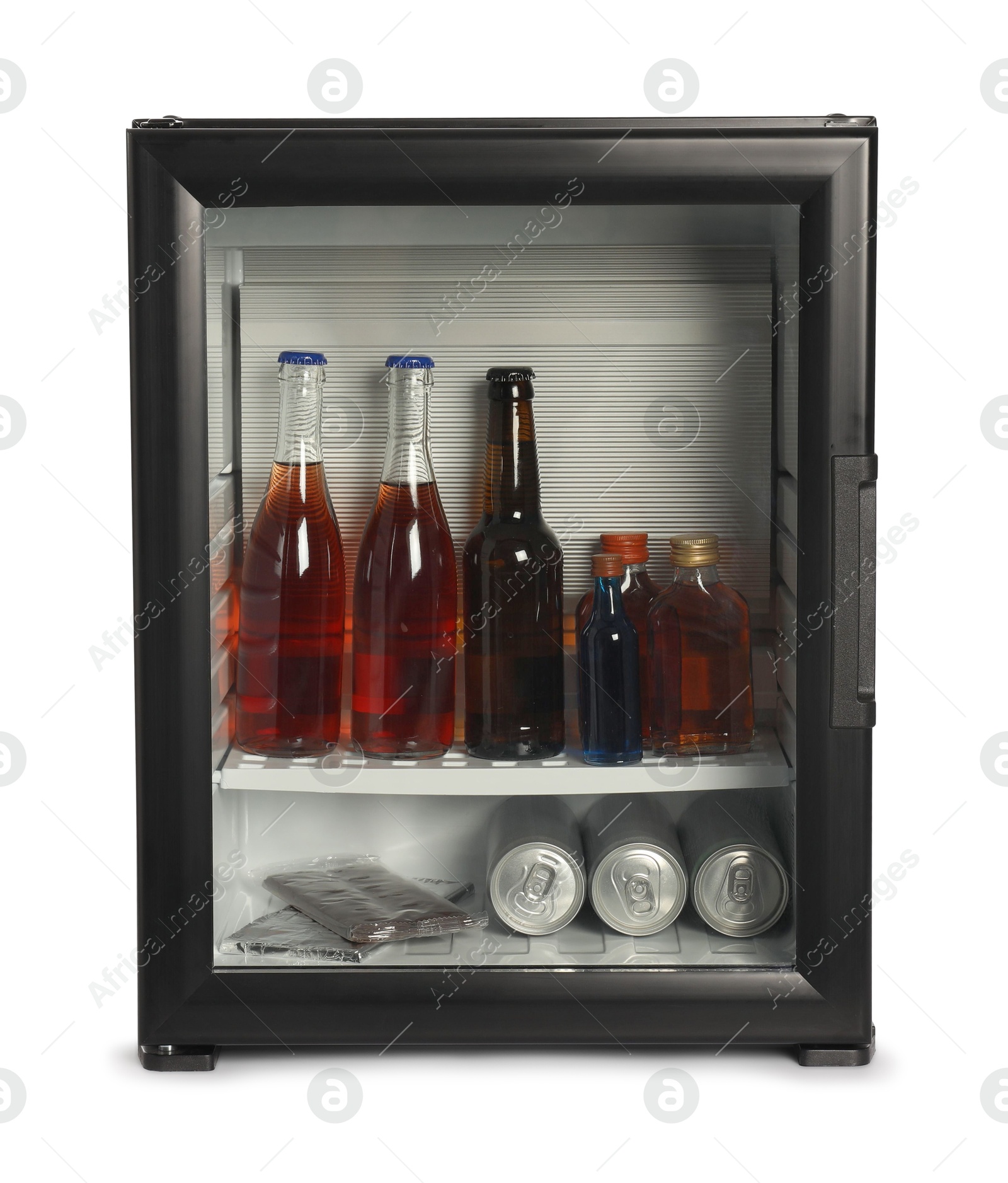 Photo of Mini refrigerator with drinks and snacks isolated on white