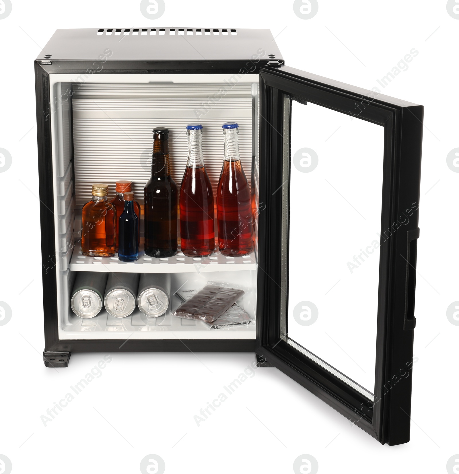 Photo of Mini refrigerator with drinks and snacks isolated on white