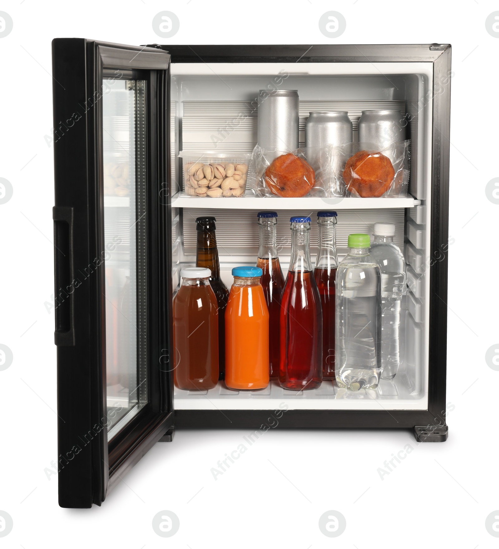 Photo of Mini refrigerator with drinks and snacks isolated on white