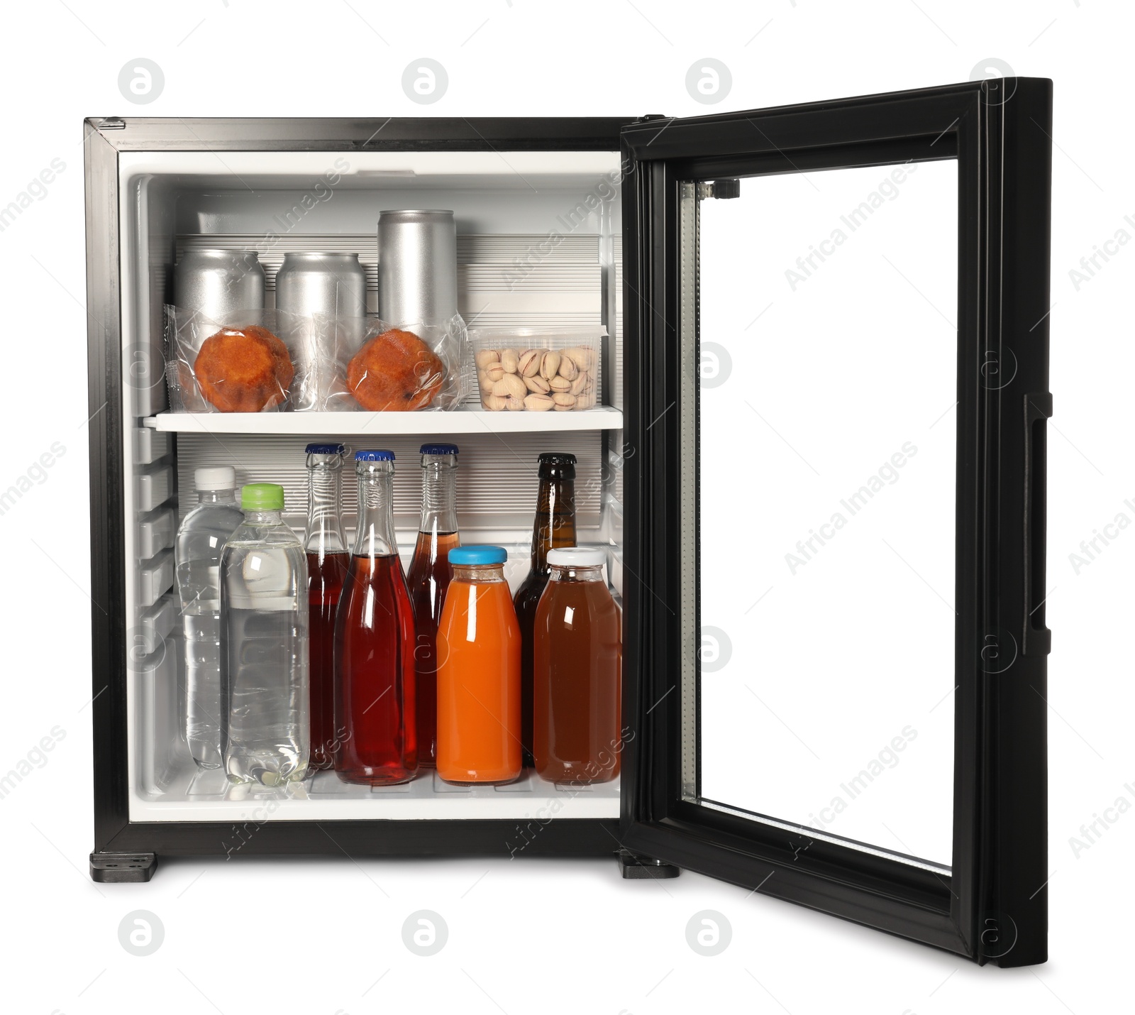 Photo of Mini refrigerator with drinks and snacks isolated on white